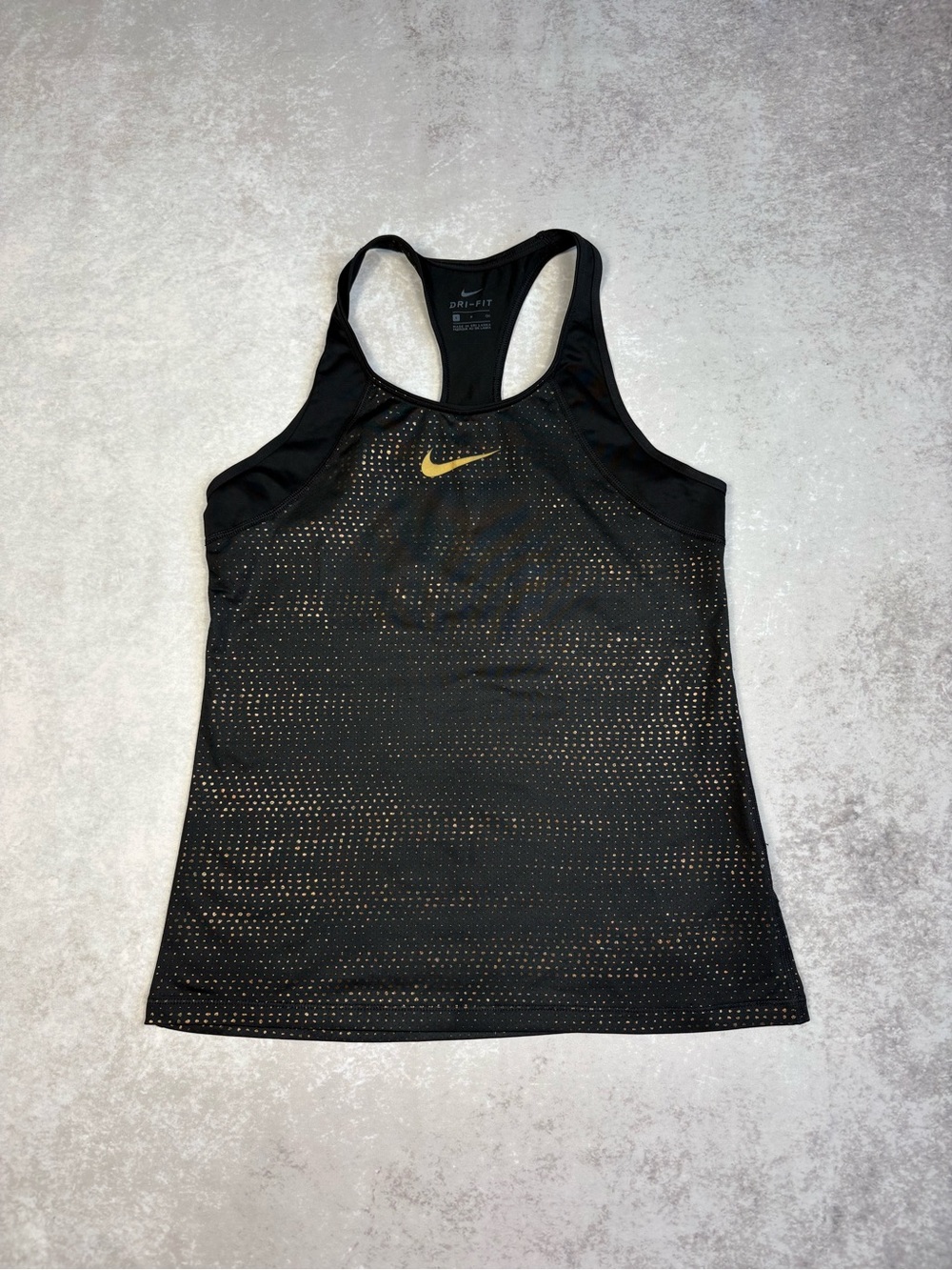 Nike Dri Fit Dot Tank In Black & Metallic Gold